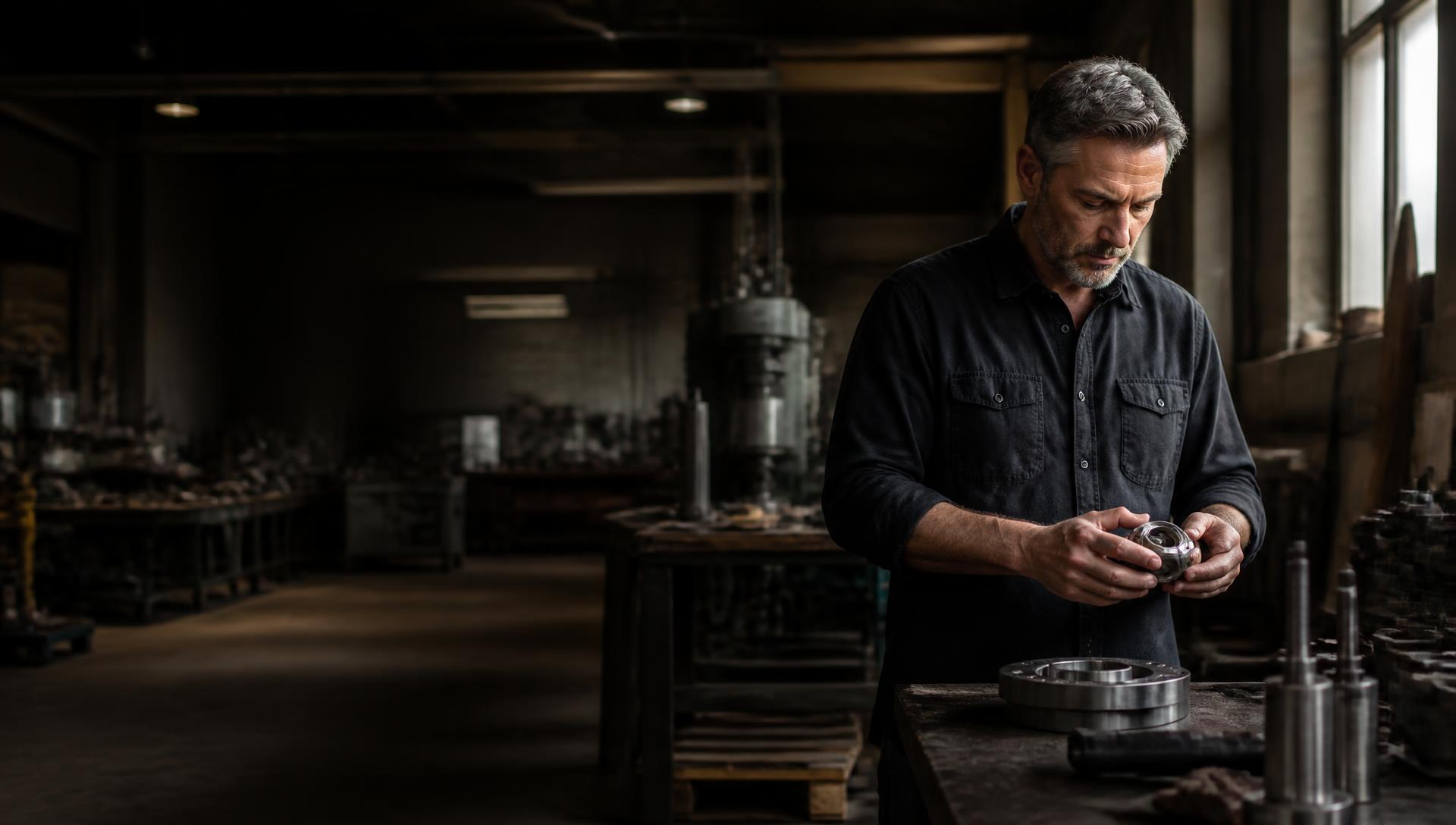 Business owner inspecting a precision component in his workshop